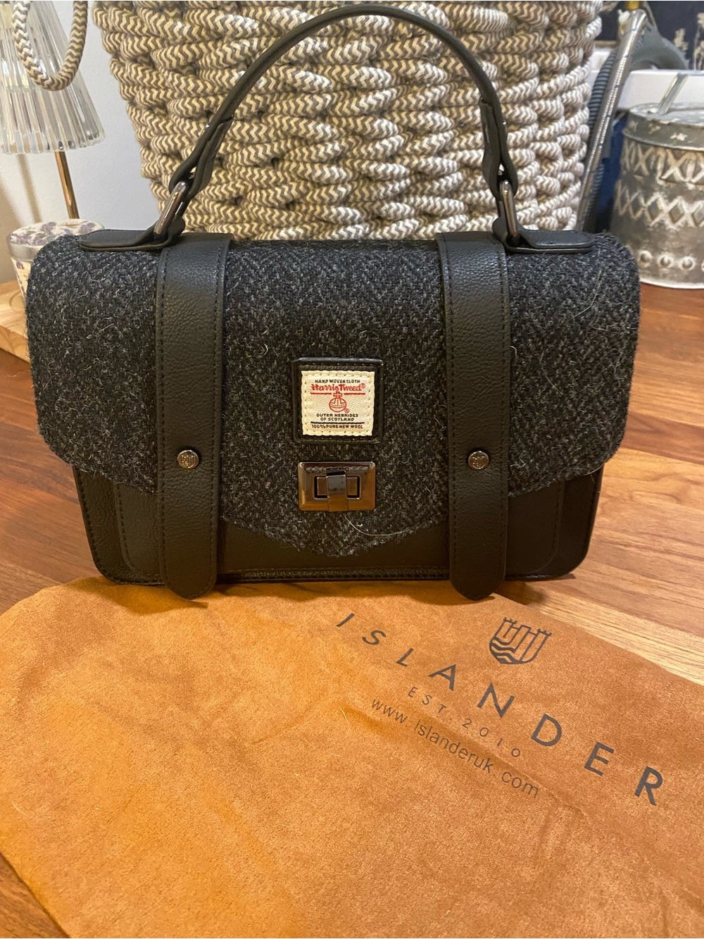Harris Tweed Black Leather Satchel